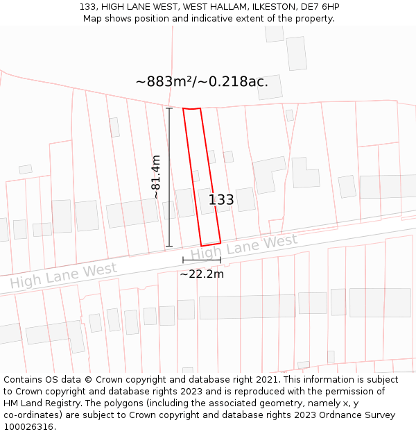 133, HIGH LANE WEST, WEST HALLAM, ILKESTON, DE7 6HP: Plot and title map