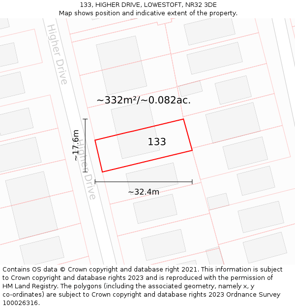 133, HIGHER DRIVE, LOWESTOFT, NR32 3DE: Plot and title map
