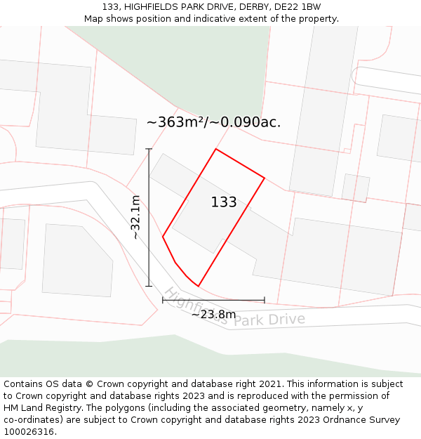 133, HIGHFIELDS PARK DRIVE, DERBY, DE22 1BW: Plot and title map