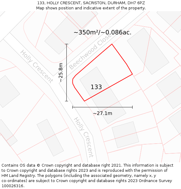 133, HOLLY CRESCENT, SACRISTON, DURHAM, DH7 6PZ: Plot and title map