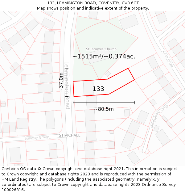 133, LEAMINGTON ROAD, COVENTRY, CV3 6GT: Plot and title map