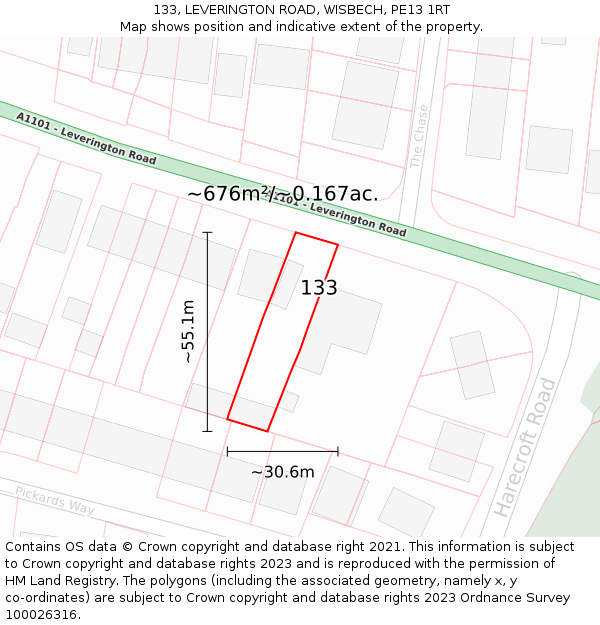 133, LEVERINGTON ROAD, WISBECH, PE13 1RT: Plot and title map