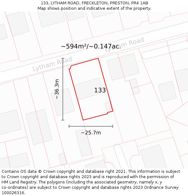 133, LYTHAM ROAD, FRECKLETON, PRESTON, PR4 1AB: Plot and title map