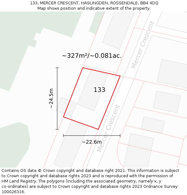 133, MERCER CRESCENT, HASLINGDEN, ROSSENDALE, BB4 4DQ: Plot and title map