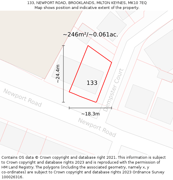 133, NEWPORT ROAD, BROOKLANDS, MILTON KEYNES, MK10 7EQ: Plot and title map