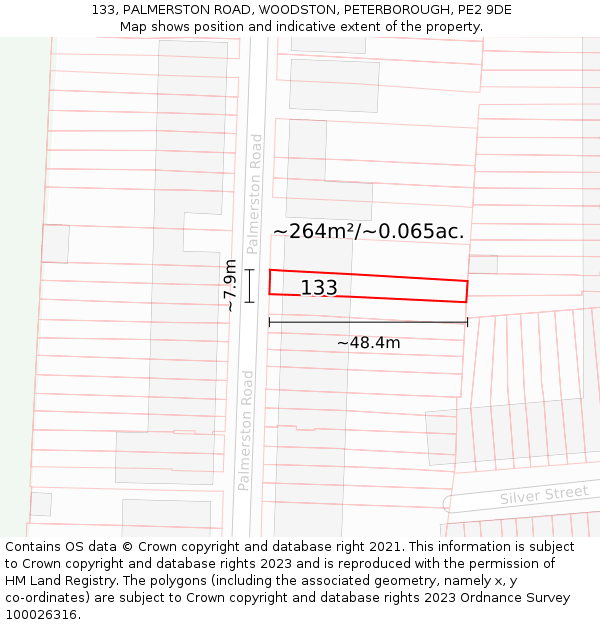 133, PALMERSTON ROAD, WOODSTON, PETERBOROUGH, PE2 9DE: Plot and title map