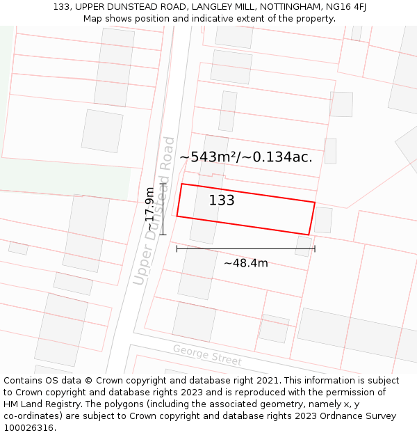 133, UPPER DUNSTEAD ROAD, LANGLEY MILL, NOTTINGHAM, NG16 4FJ: Plot and title map