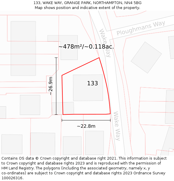133, WAKE WAY, GRANGE PARK, NORTHAMPTON, NN4 5BG: Plot and title map