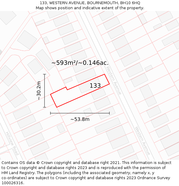 133, WESTERN AVENUE, BOURNEMOUTH, BH10 6HQ: Plot and title map