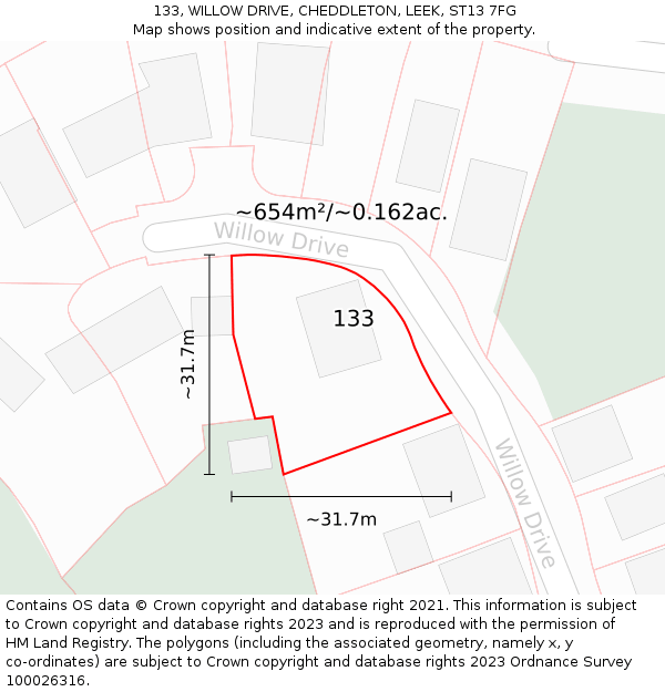 133, WILLOW DRIVE, CHEDDLETON, LEEK, ST13 7FG: Plot and title map