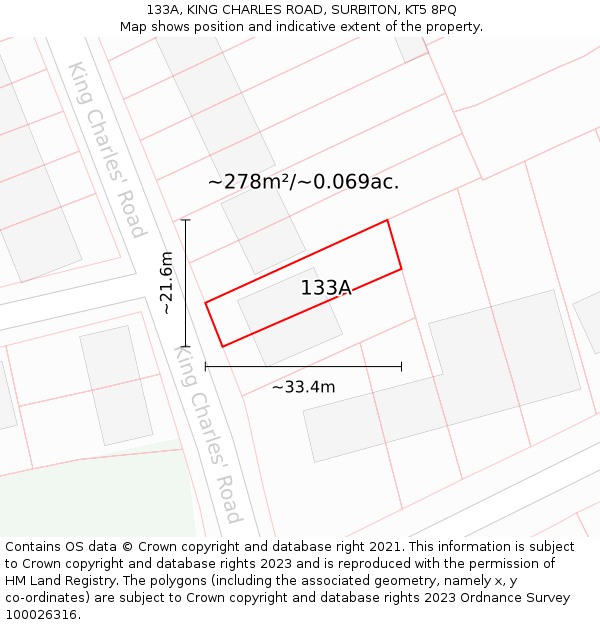 133A, KING CHARLES ROAD, SURBITON, KT5 8PQ: Plot and title map