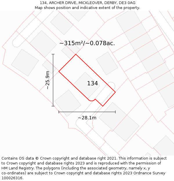 134, ARCHER DRIVE, MICKLEOVER, DERBY, DE3 0AG: Plot and title map