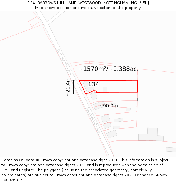 134, BARROWS HILL LANE, WESTWOOD, NOTTINGHAM, NG16 5HJ: Plot and title map