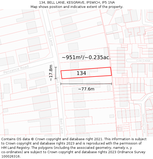 134, BELL LANE, KESGRAVE, IPSWICH, IP5 1NA: Plot and title map