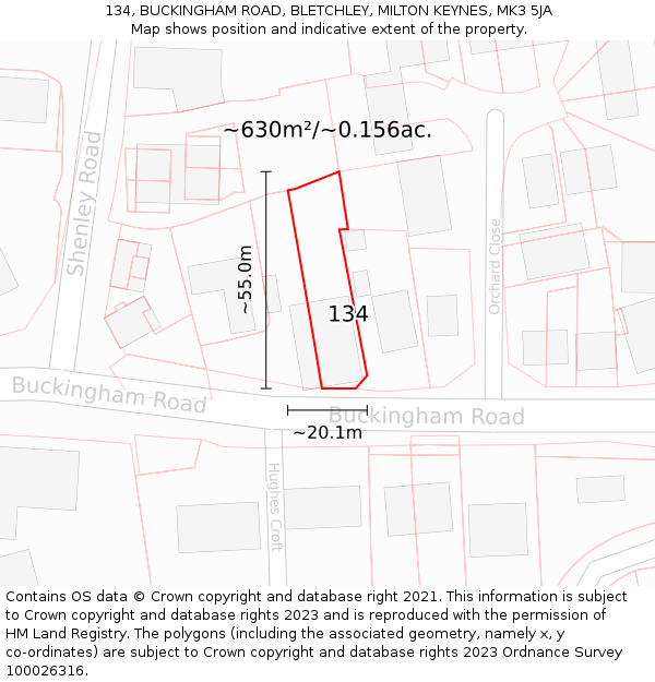 134, BUCKINGHAM ROAD, BLETCHLEY, MILTON KEYNES, MK3 5JA: Plot and title map