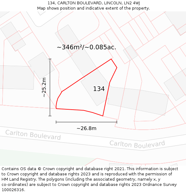 134, CARLTON BOULEVARD, LINCOLN, LN2 4WJ: Plot and title map