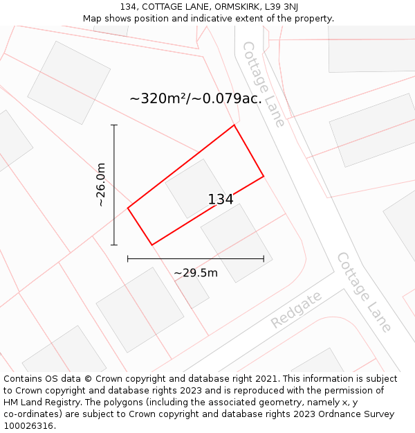 134, COTTAGE LANE, ORMSKIRK, L39 3NJ: Plot and title map