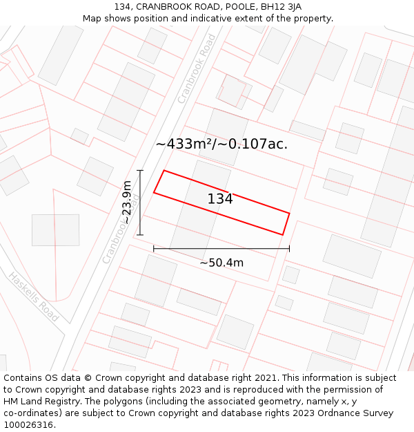 134, CRANBROOK ROAD, POOLE, BH12 3JA: Plot and title map