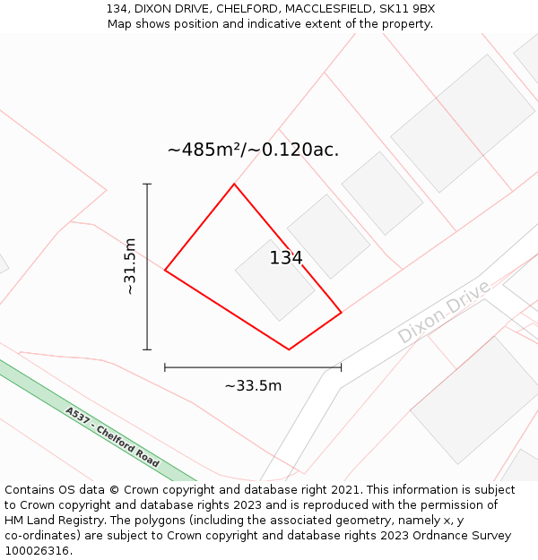 134, DIXON DRIVE, CHELFORD, MACCLESFIELD, SK11 9BX: Plot and title map