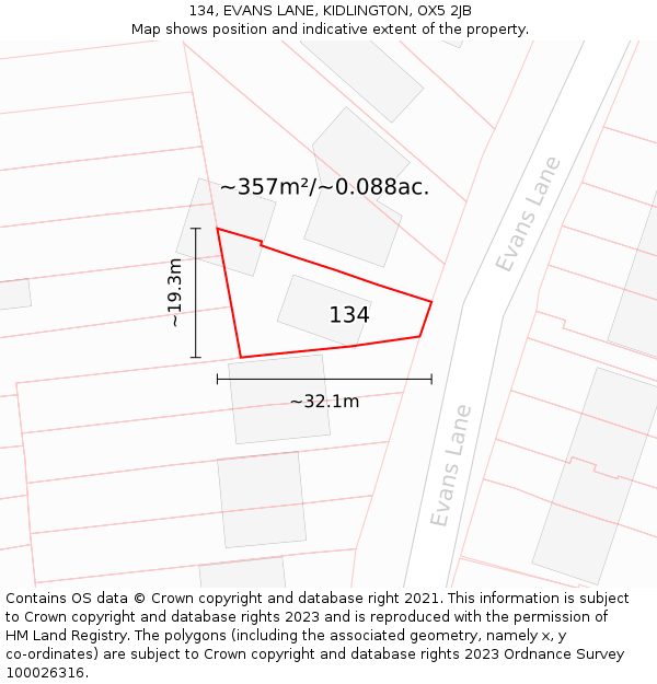 134, EVANS LANE, KIDLINGTON, OX5 2JB: Plot and title map