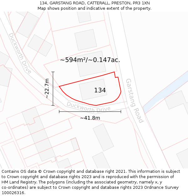 134, GARSTANG ROAD, CATTERALL, PRESTON, PR3 1XN: Plot and title map