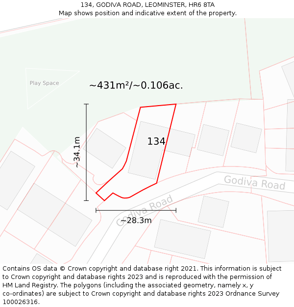 134, GODIVA ROAD, LEOMINSTER, HR6 8TA: Plot and title map