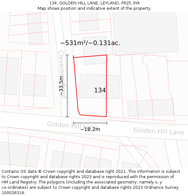 134, GOLDEN HILL LANE, LEYLAND, PR25 3YA: Plot and title map