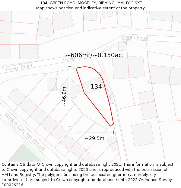 134, GREEN ROAD, MOSELEY, BIRMINGHAM, B13 9XE: Plot and title map