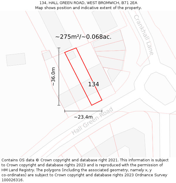 134, HALL GREEN ROAD, WEST BROMWICH, B71 2EA: Plot and title map
