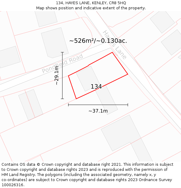 134, HAYES LANE, KENLEY, CR8 5HQ: Plot and title map