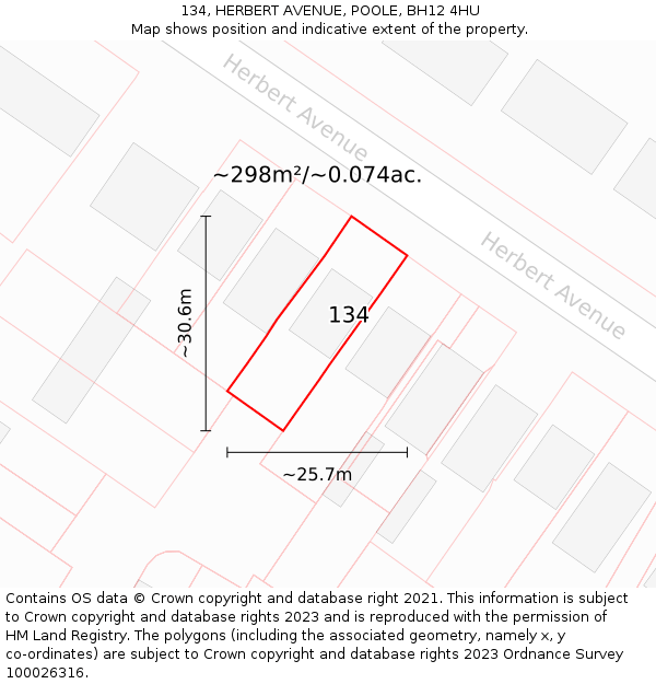 134, HERBERT AVENUE, POOLE, BH12 4HU: Plot and title map