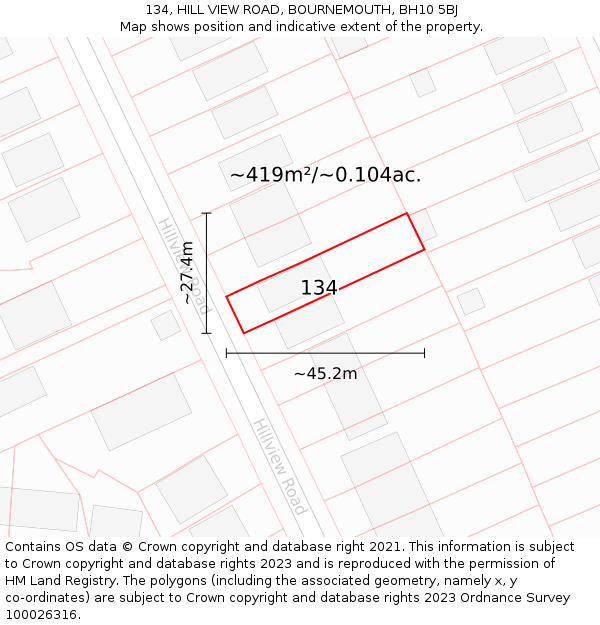 134, HILL VIEW ROAD, BOURNEMOUTH, BH10 5BJ: Plot and title map