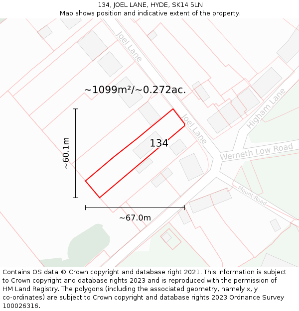134, JOEL LANE, HYDE, SK14 5LN: Plot and title map