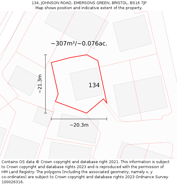134, JOHNSON ROAD, EMERSONS GREEN, BRISTOL, BS16 7JP: Plot and title map