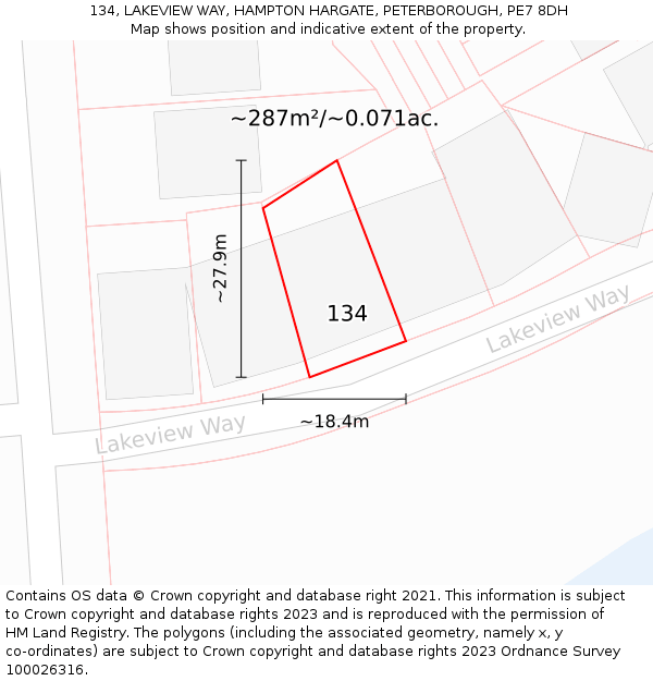 134, LAKEVIEW WAY, HAMPTON HARGATE, PETERBOROUGH, PE7 8DH: Plot and title map