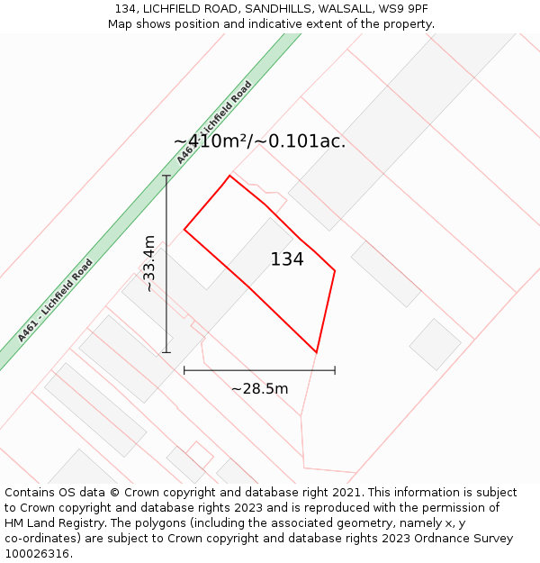 134, LICHFIELD ROAD, SANDHILLS, WALSALL, WS9 9PF: Plot and title map