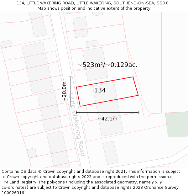 134, LITTLE WAKERING ROAD, LITTLE WAKERING, SOUTHEND-ON-SEA, SS3 0JH: Plot and title map