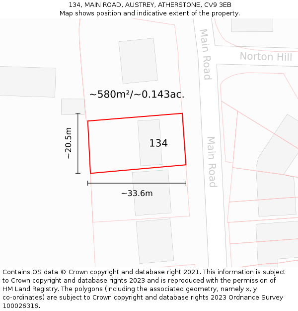 134, MAIN ROAD, AUSTREY, ATHERSTONE, CV9 3EB: Plot and title map