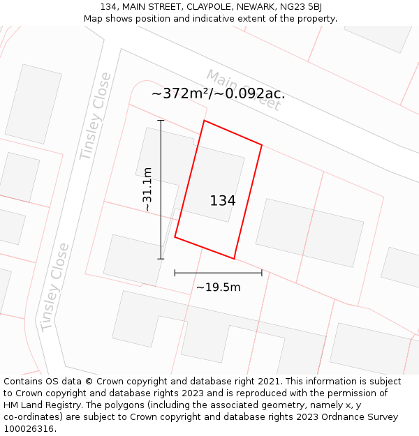 134, MAIN STREET, CLAYPOLE, NEWARK, NG23 5BJ: Plot and title map
