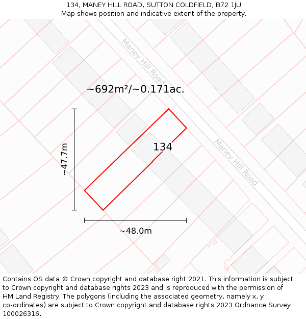 134, MANEY HILL ROAD, SUTTON COLDFIELD, B72 1JU: Plot and title map
