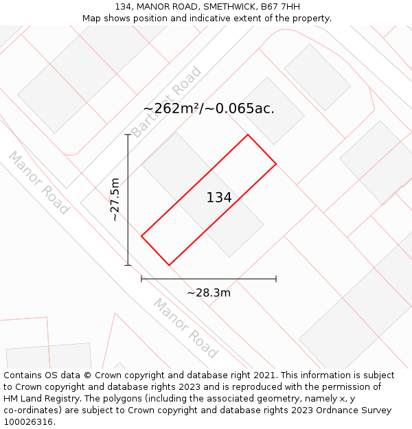 134, MANOR ROAD, SMETHWICK, B67 7HH: Plot and title map