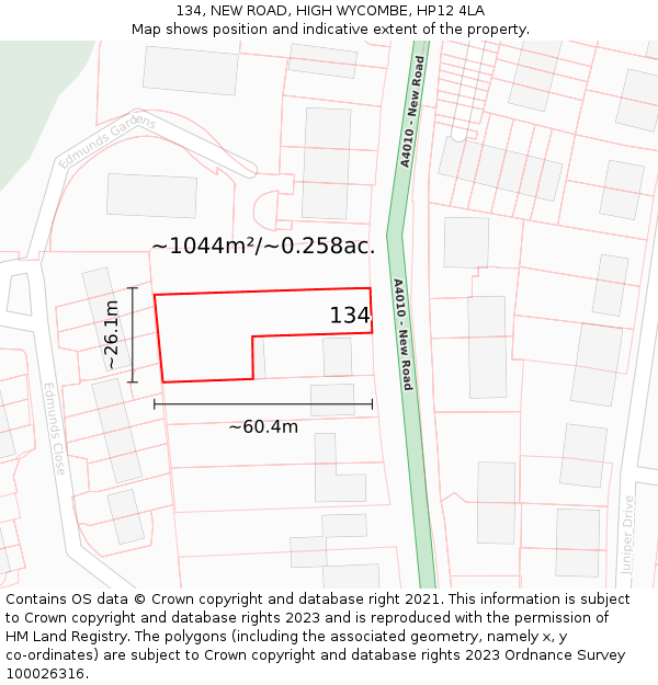 134, NEW ROAD, HIGH WYCOMBE, HP12 4LA: Plot and title map