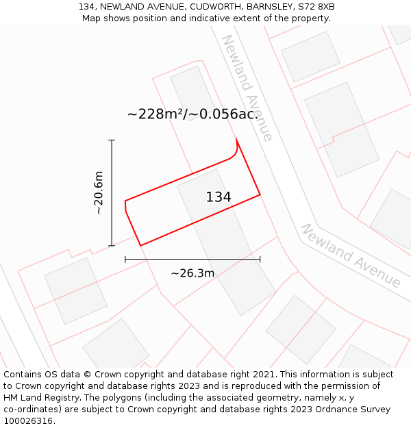 134, NEWLAND AVENUE, CUDWORTH, BARNSLEY, S72 8XB: Plot and title map