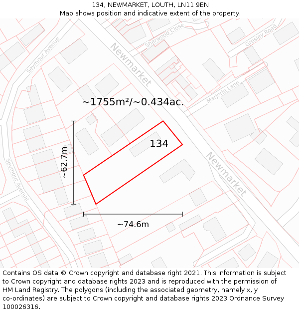 134, NEWMARKET, LOUTH, LN11 9EN: Plot and title map
