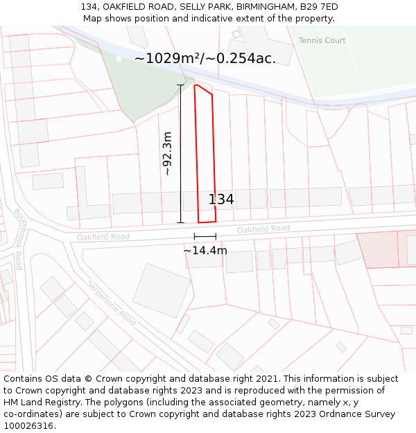 134, OAKFIELD ROAD, SELLY PARK, BIRMINGHAM, B29 7ED: Plot and title map