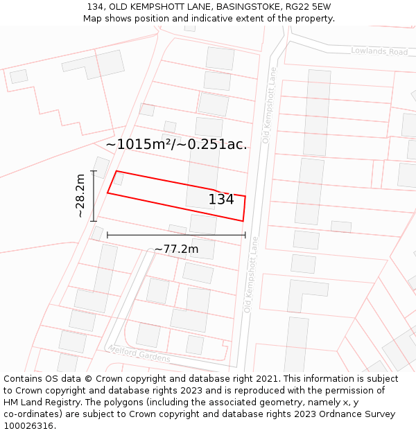 134, OLD KEMPSHOTT LANE, BASINGSTOKE, RG22 5EW: Plot and title map