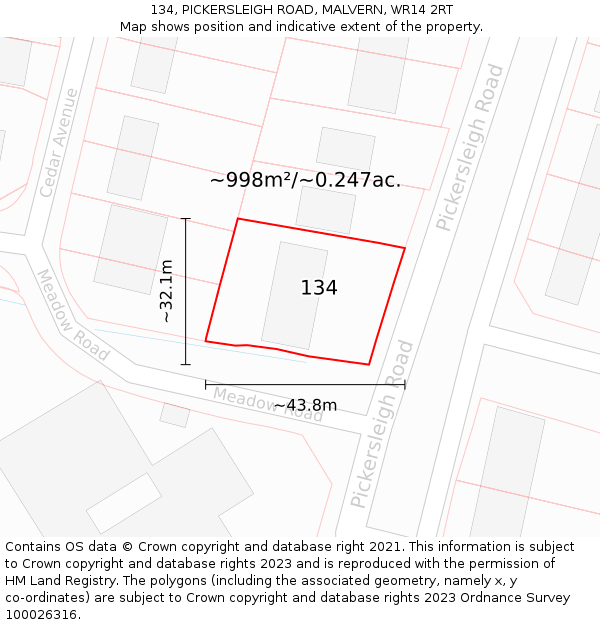 134, PICKERSLEIGH ROAD, MALVERN, WR14 2RT: Plot and title map