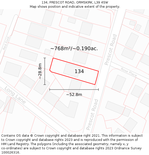 134, PRESCOT ROAD, ORMSKIRK, L39 4SW: Plot and title map