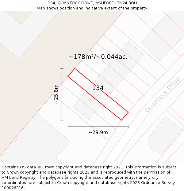 134, QUANTOCK DRIVE, ASHFORD, TN24 8QH: Plot and title map