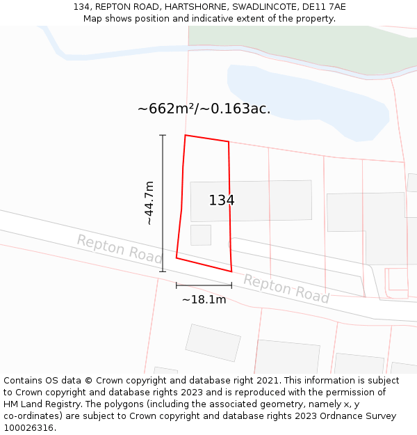 134, REPTON ROAD, HARTSHORNE, SWADLINCOTE, DE11 7AE: Plot and title map